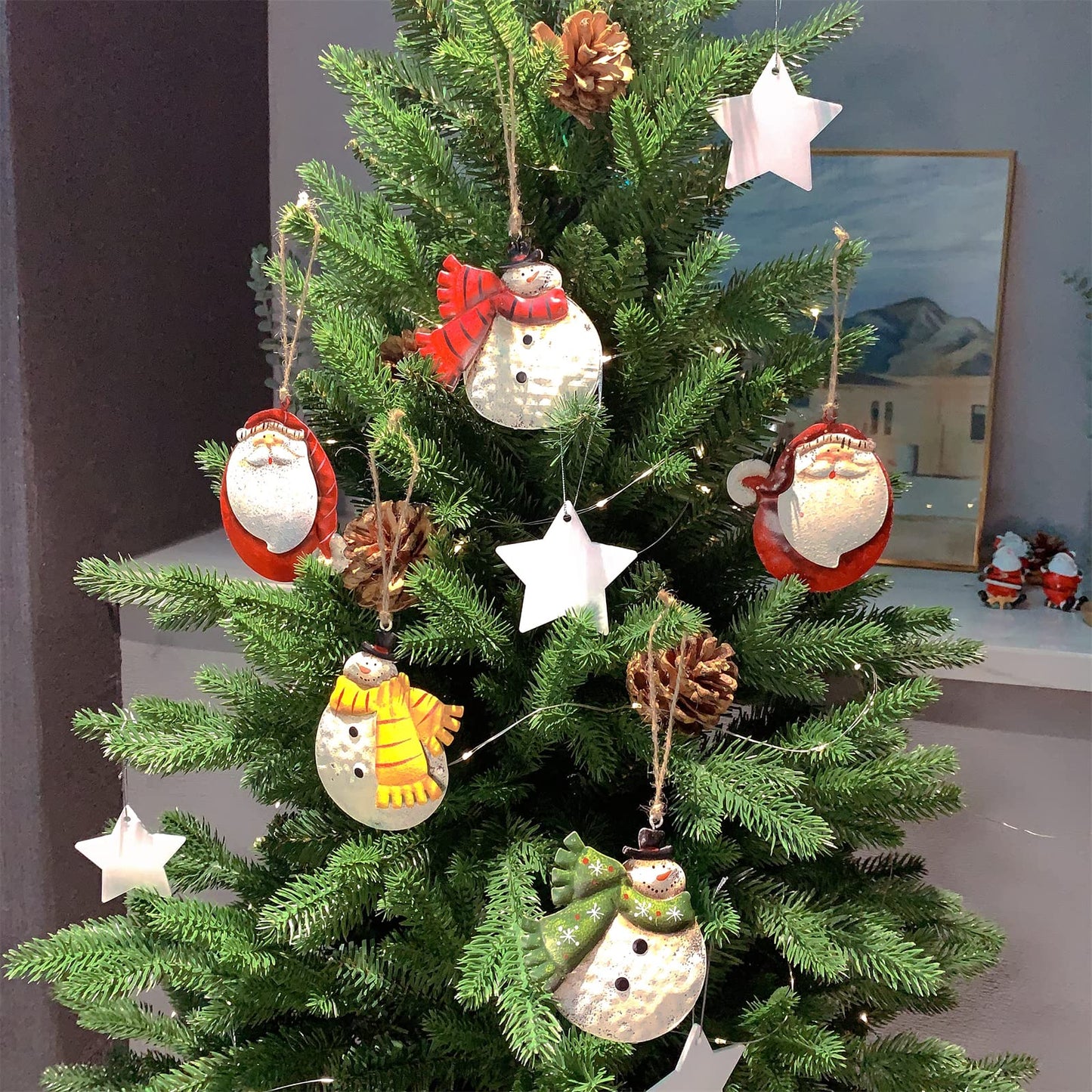 Crafjie 5 Pack Rustic Metal Double-Sided Christmas Tree Ornaments Tin Santa Snowman Decorations Hanging Pendants Ornaments Christmas Hanging Ornament Xmas Holiday Decor