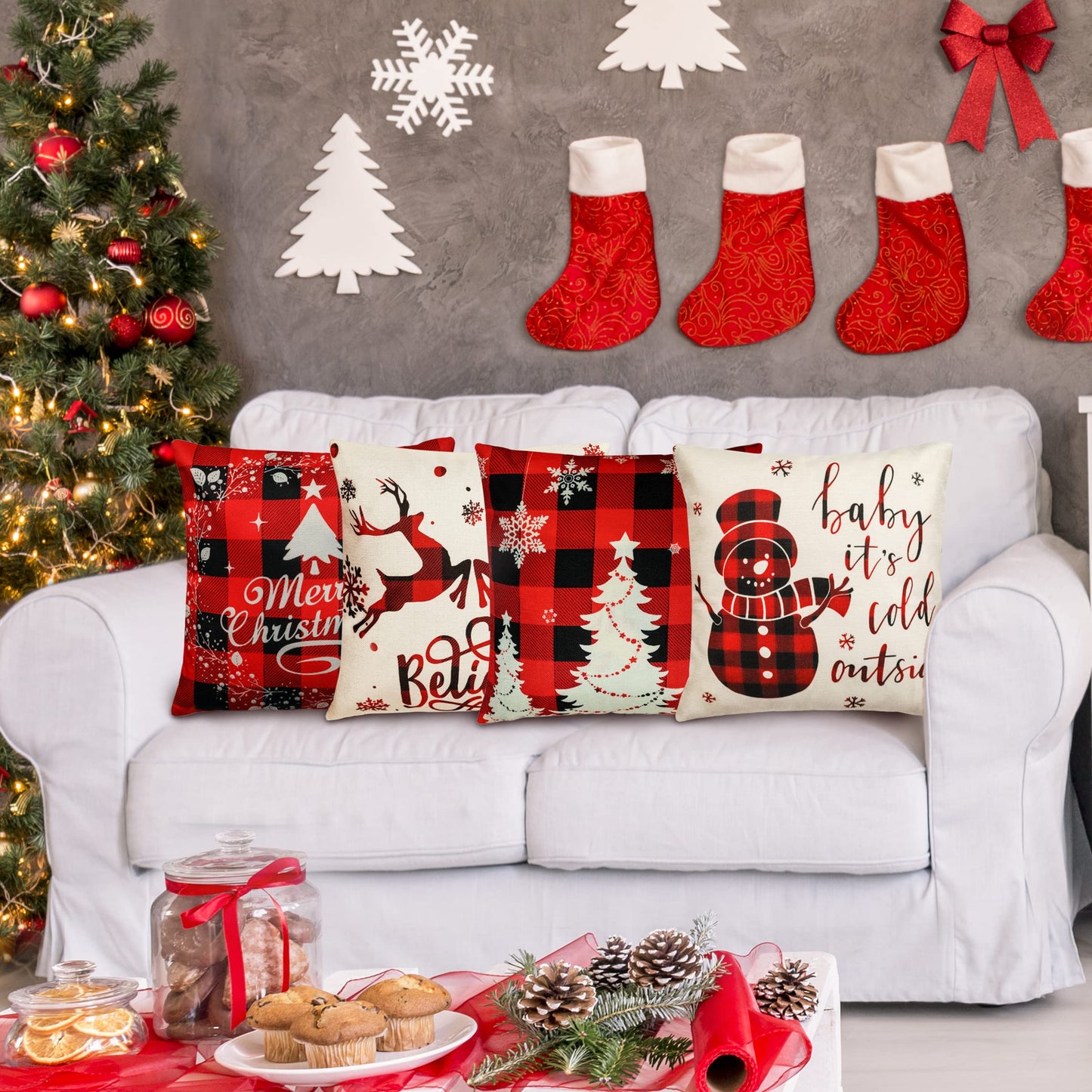 TDHDIKE Farmhouse Christmas Pillow Covers - 18x18 Inch Set of 4, Sofa Couch Decorations