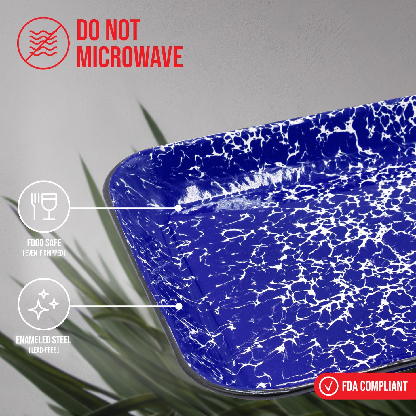 Red Co. 13.5” x 10” Enamelware Metal Classic 1.6-Quart Rectangular Serving Tray, Navy Blue Marble/Black Rim – Splatter Design