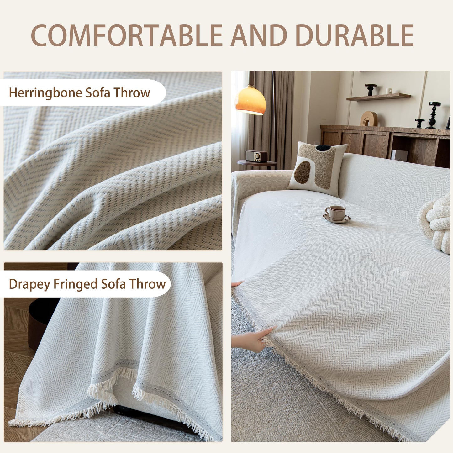 KaviKon Couch Covers for Dogs 3 Cushion, Loveseat Slipcovers Washable, Pet L Shape Sectional Protector, Boho Sofa Blanket Cover, Herringbone Chenille, Cream, 71"x118"