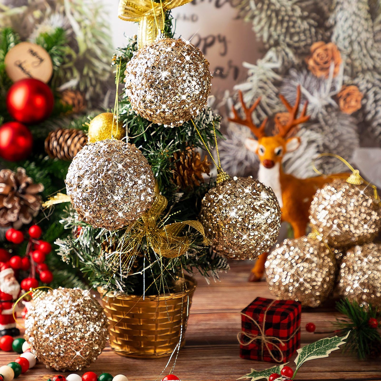 Liliful 24 Pcs 3.15 Large Christmas Ball Ornaments Glitter Christmas Decorations Tree Balls Hanging Ornaments for Xmas Wedding Home Tabletop Party Holiday Decor (Champagne Gold)