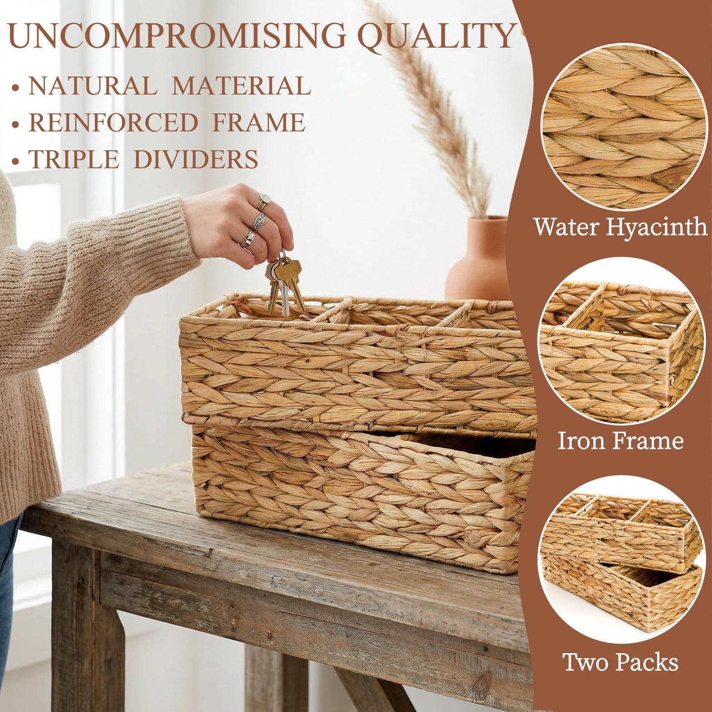 Pumtus 2 Pack 3-Section Woven Baskets, Water Hyacinth Storage Bin, Handwoven Desk Organizer, Toilet Paper Container, Rectangle Holder for Counter Top Toilet Tank Shelves Coffee Bar Pantry
