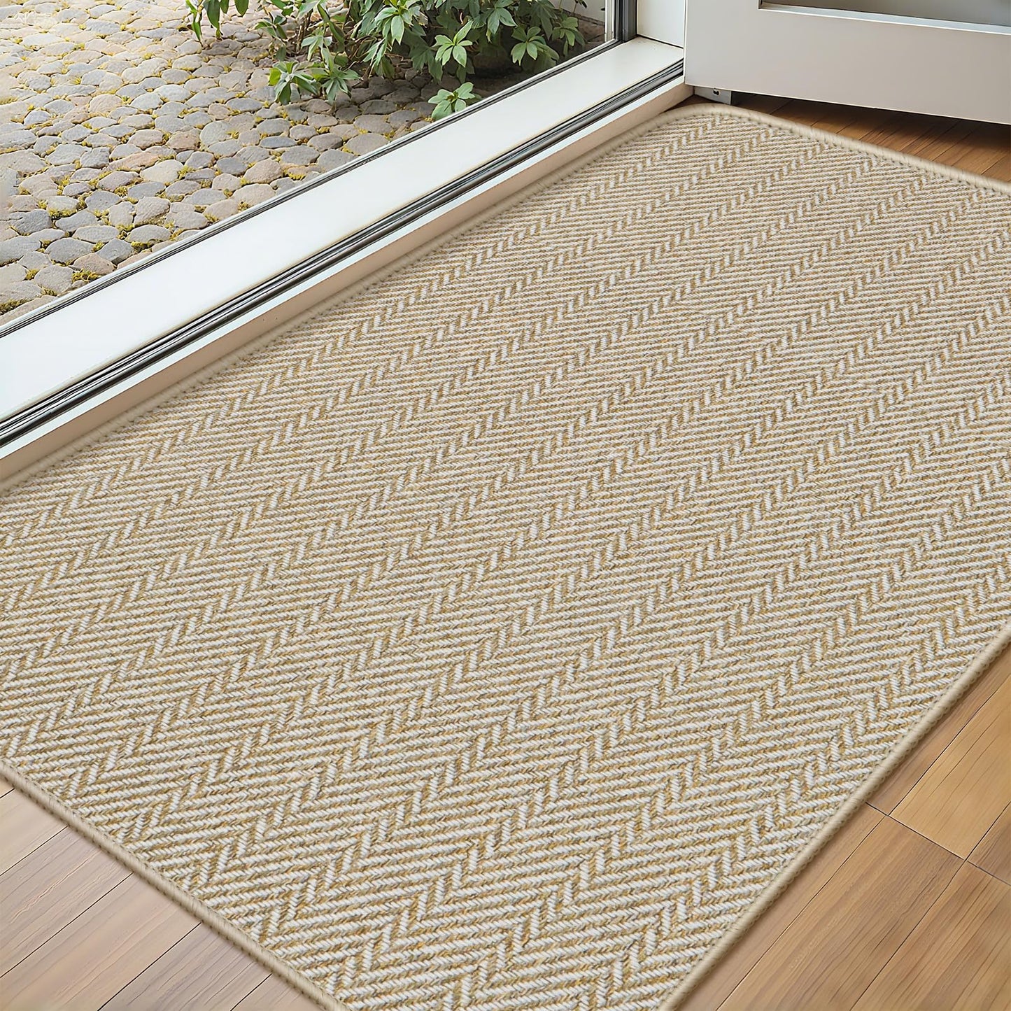 BEISIFLOOR Ultra Thin Door Mat Indoor Entrance 17"x29", Low-Profile Indoor Door Mat, Non Slip Entry Mat Rubber Backing Unique Herringbone Design Inside Doormat Dirt Trapper Entryway Mats, Beige