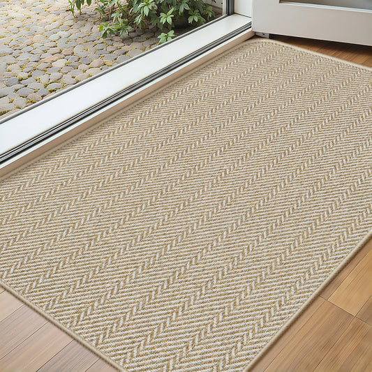 BEISIFLOOR Ultra Thin Door Mat Indoor Entrance 17"x29", Low-Profile Indoor Door Mat, Non Slip Entry Mat Rubber Backing Unique Herringbone Design Inside Doormat Dirt Trapper Entryway Mats, Beige