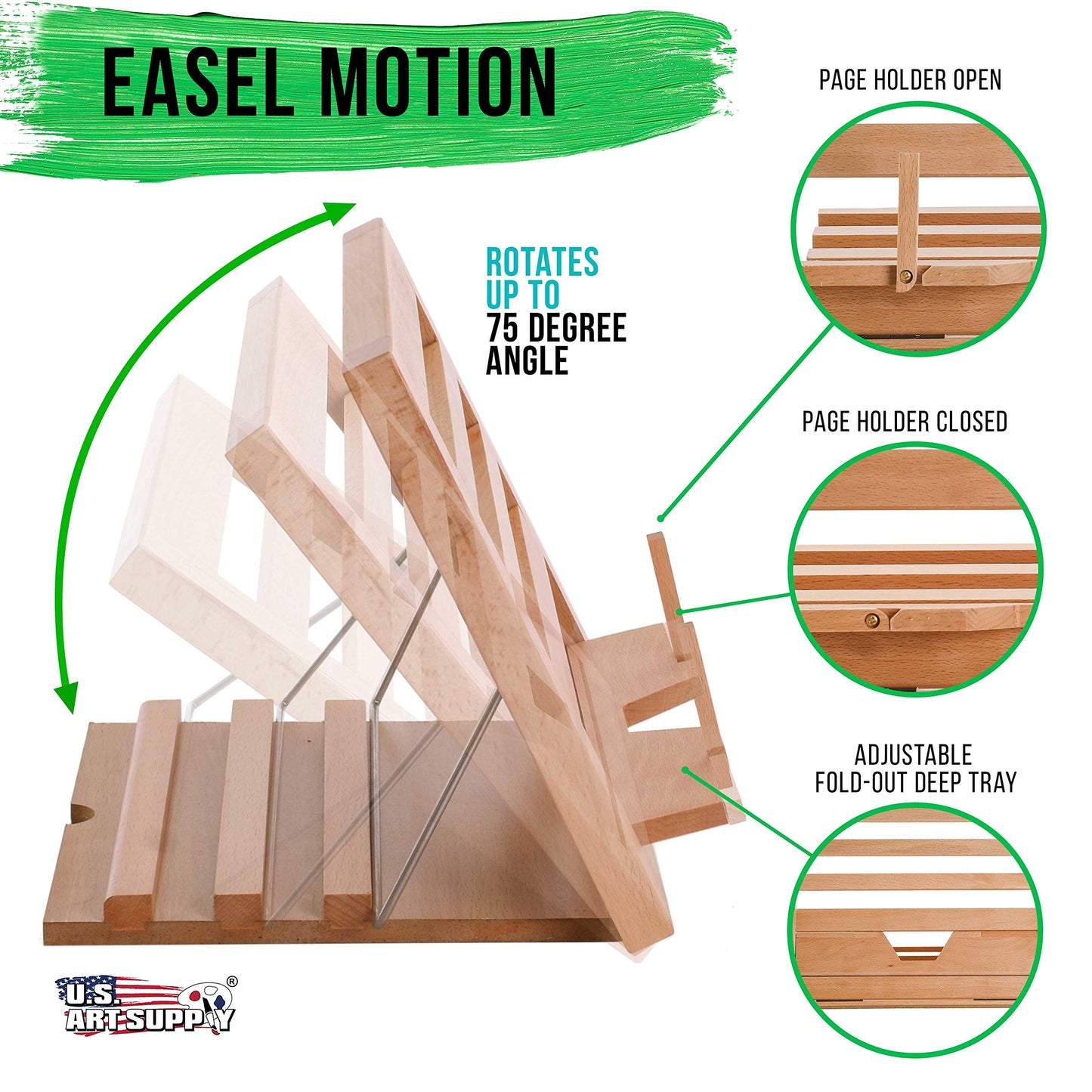 U.S. Art Supply Large Wooden Table Easel - Adjustable Incline, 2 Page Holders - Functions as Wooden Cookbook Stand, Kitchen Countertop Recipe Rack, Tablet Rest & Cook Book Holder for Kitchen Counter