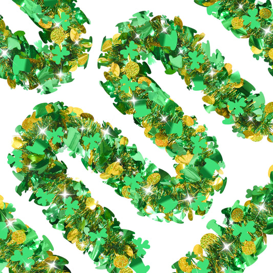 Palonu 50FT St. Patrick's Day Tinsel Garland Green Shamrock Gold Coins Metallic Tinsel Twist Garland for Irish Saint Patricks Day Party Home Decor Indoor Outdoor Decoration