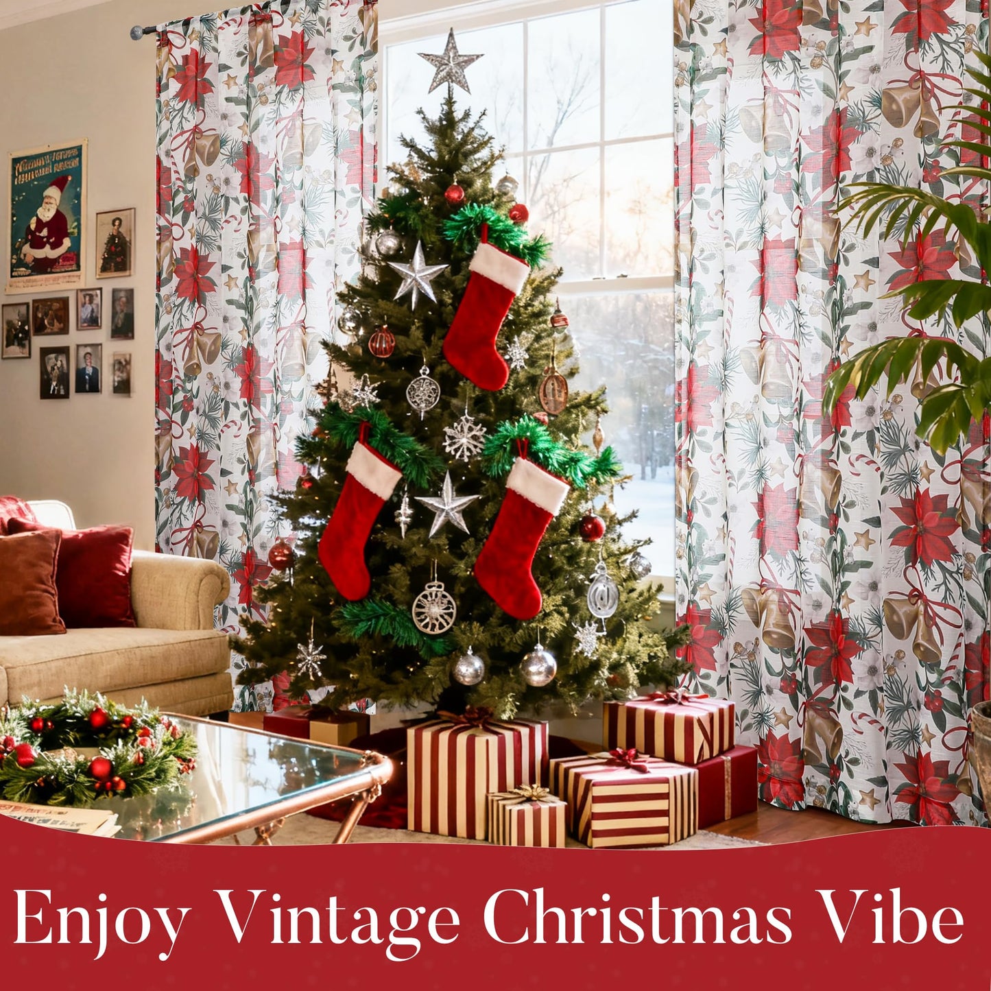 BROSHAN Red and Gold Christmas Sheer Curtains 63 inch Length 2 Panel Set- Xmas Bedroom Window Decoration Curtains in Poinsettias Floral Bells Patterned, Winter Holiday Living Room Curtain Drapes