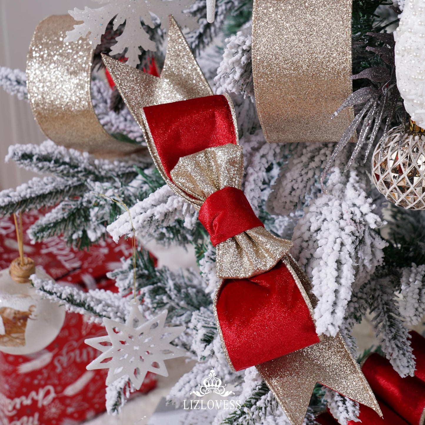 LIZLOVESS Red Velvet Wired Ribbon with Glitter Back 2.5 Inch Red and Gold Christmas Ribbon Wired Ribbon for Christmas Tree, Gift Wrapping, Mantel, Wreaths Supplies, Topper Bows (10 Yards)