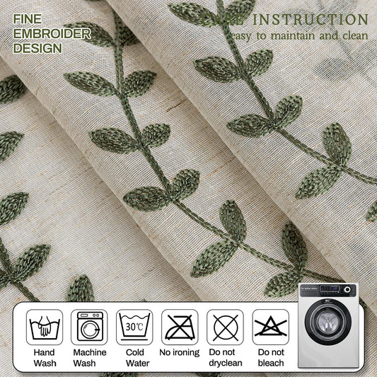 AmHoo 2 Panels Linen Leaf String Floral Embroidered Semi Sheer Curtain Farmhouse Voile Curtains for Living Room Bedroom Window Treatment Sage Green 52 x 63 Inch