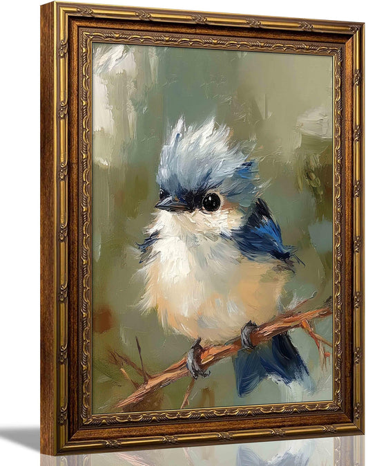 Dougepce 3D Texture Oil Painting,Vintage Gold Framed Wall Art,Blue Bird Wall Art Canvas Prints, Birds on Tree Pictures Wall Decor, Birds Artwork Paintings for Bedroom Wall Decor (Blue 11''Lx9''W)