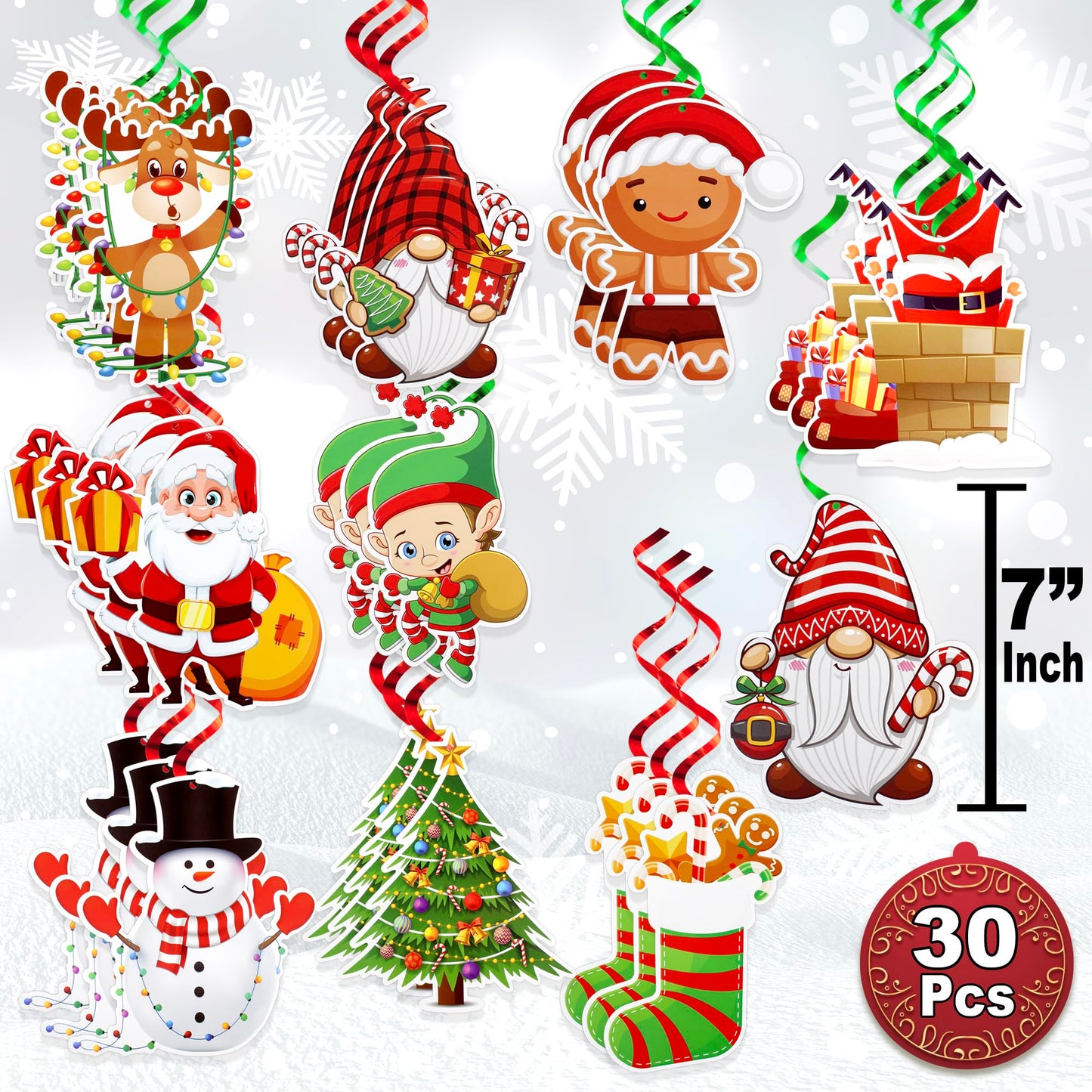 Hanging Christmas Decorations with Foil Swirls | 30 Pcs Holiday Set | Xmas Santa, Snowman, Gingerbread, Reindeer, Gnomes Christmas Designs | Home, Office, School Christmas Party Decorations | BASHOUT