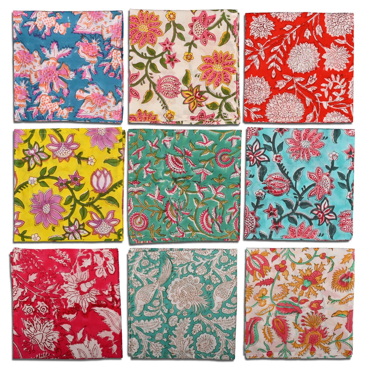 DIYANAIMPEX 10 Pc Cotton Cloth Napkins Hand Block Print Hand Made Size 16x16 Inch Printed Home Decor Indian Eco Friendly Mix Lot Dinner Napkins (Multicoloured)