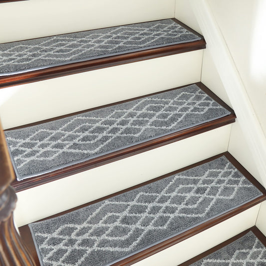 COSY HOMEER Soft Stair Treads 15pcs Non-Slip Carpet Mat 28inX9in Indoor Stair Runners for Wooden Steps,Stair Rugs for Kids and Dogs, 100% Polyester TPE Backing Grey,Rhombus