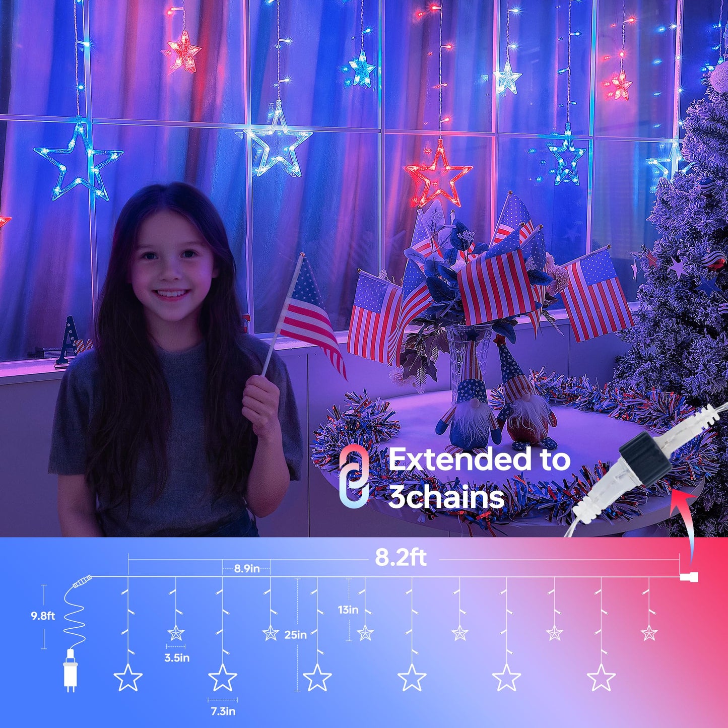 MYGOTO 4th of July Patriotic Star Icicle Lights,8.2ft 126LED red White and Blue Curtain String Waterproof, 8 Modes with Timer Connectable Independence Day Decorations Window Lights for Outdoor Indoor