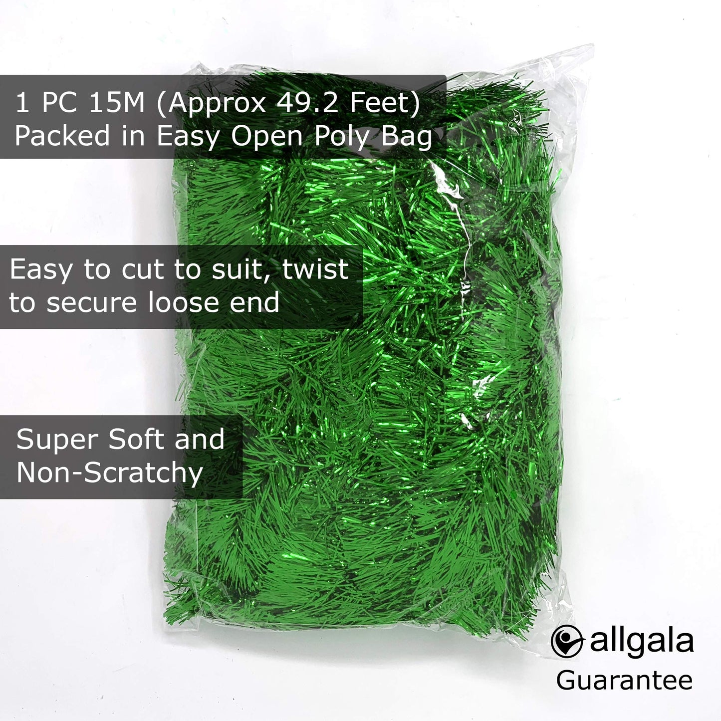 Allgala Green Tinsel Garland, 50 Feet Christmas Metallic Foil Tinsel Garland Decoration for Holiday Tree Walll Rail Home Office Event Fall Thanksgiving Decoration