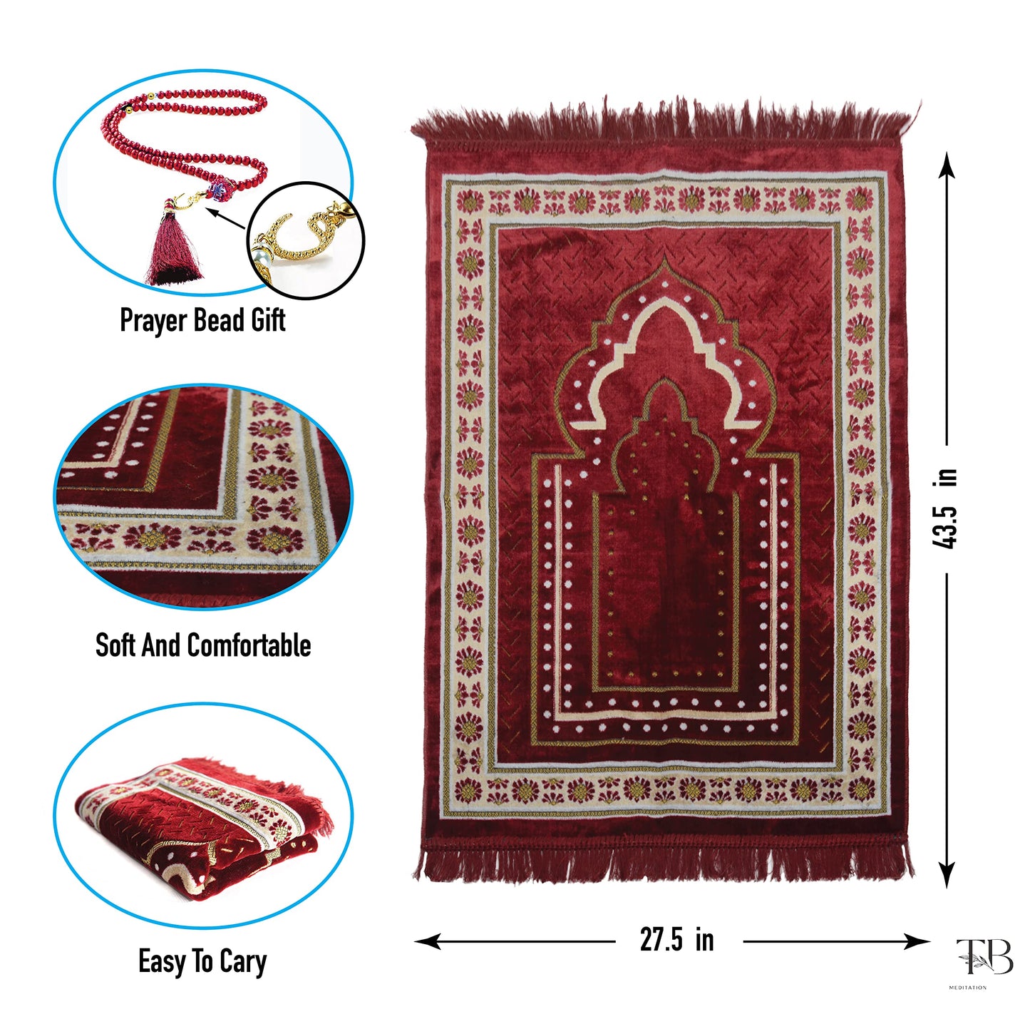 TB Islamic Prayer Rug Plush Soft Velvet Muslim Mat Unique Arabic Turkish African Embroidered Design Prayer Bead Daily Salah Prayer Meditation Ramadan Eid Gift for Women Men Kids (Red)