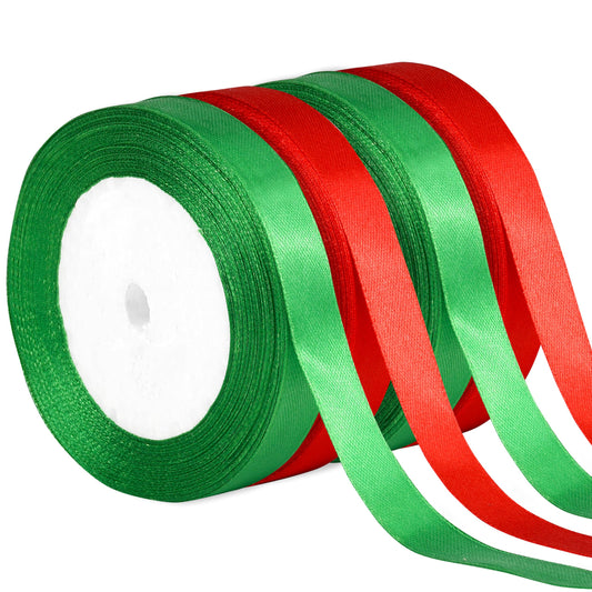 Hoplito 4 Rolls 15mm Wide Christmas Ribbons Total 100 Yards Holiday Satin Ribbons Fabric for DIY Craft Gift Wrapping and Christmas Party Festival Decorations, Red & Green