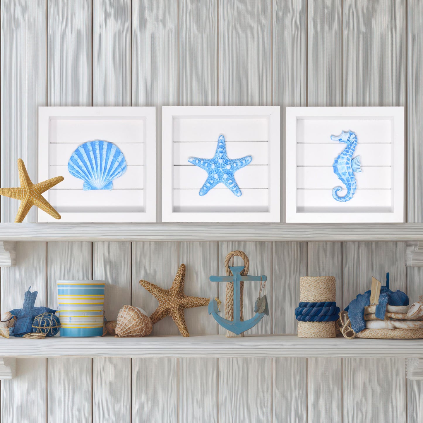 Blue Starfish Seashell and Seahorse (Framed Set of 3) Coastal 3D Wall Art, Beach Wall Decor for Bathroom Bedroom or Beach House Ocean Inspired Seaside Decorations