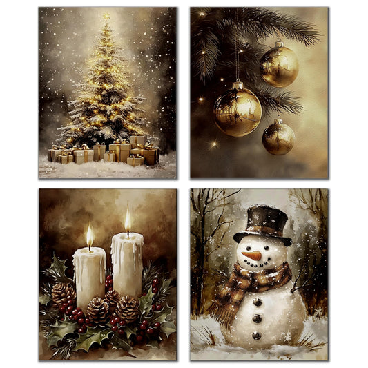 DOFQZ Vintage Christmas Wall Art Prints Set of 4, Farmhouse Christmas Decor, Moody Rustic Xmas Tree Gold Bauble Ball Candle Snowman Posters for Home Living Room Decor, 8x10 Unframed