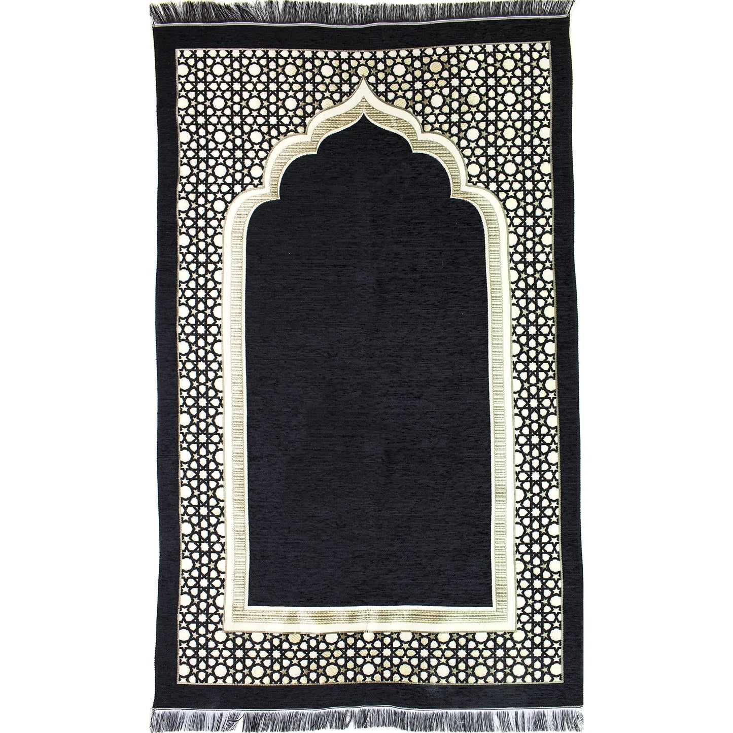 Modefa Turkish Islamic Prayer Mat - Thin Woven Chenille Sajjadah - Intricate Praying Rug Ramadan Eid Gift - Traditional Muslim Janamaz Sajada for Men Women - Geometric Selcuk Star (Black)