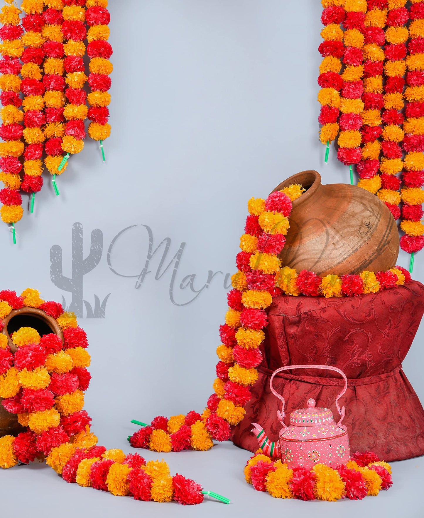 Marubhumi 5 PC - 5 feet Artificial Marigold Flower Garland – Long Strands for Diwali, Wedding & Festive Decoration – Traditional Indian Home Decor