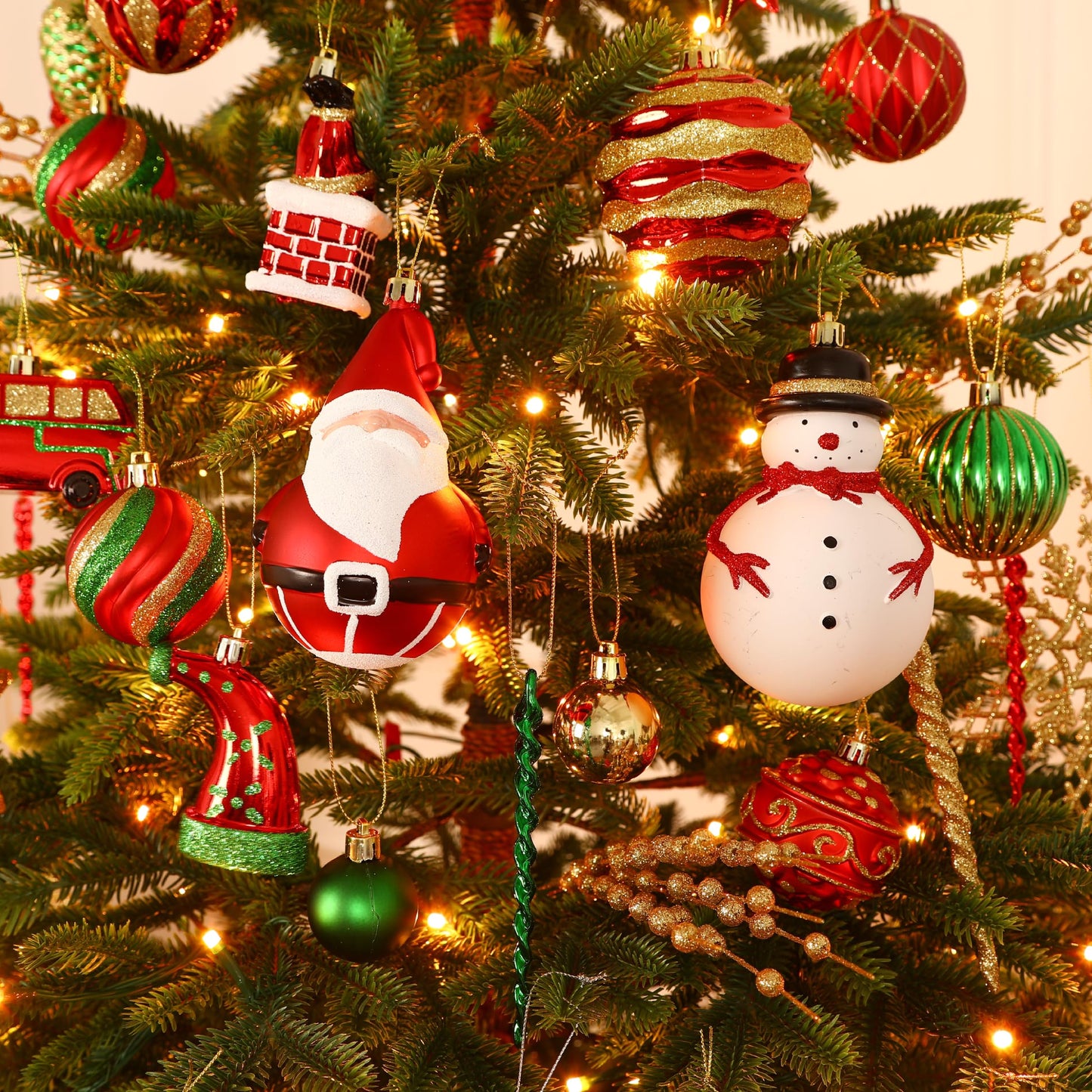 Alupssuc 100 Pcs Christmas Ball Ornaments Set, Santa Claus and Snowman Christmas Tree Decoration Baubles for Indoor Outdoor Holiday Wedding Party Decoration Tree with Hanging Rope, Red & Green & Gold