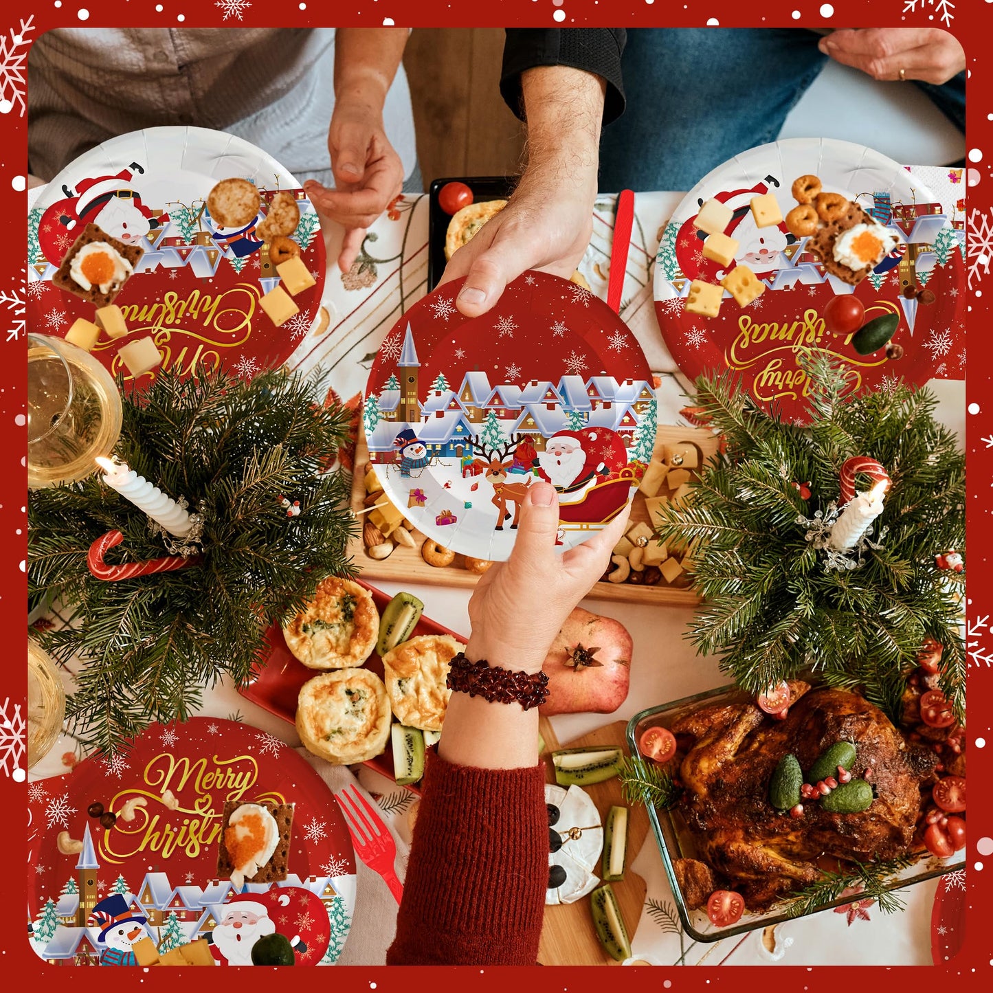 Nisdfeal168 Pcs Premium Christmas Party Tableware Set Santa & Snowman Themed Disposable Plates, Napkins, Cups, Cutlery for 24 Guests | Holiday Dinnerware for Festive Gatherings