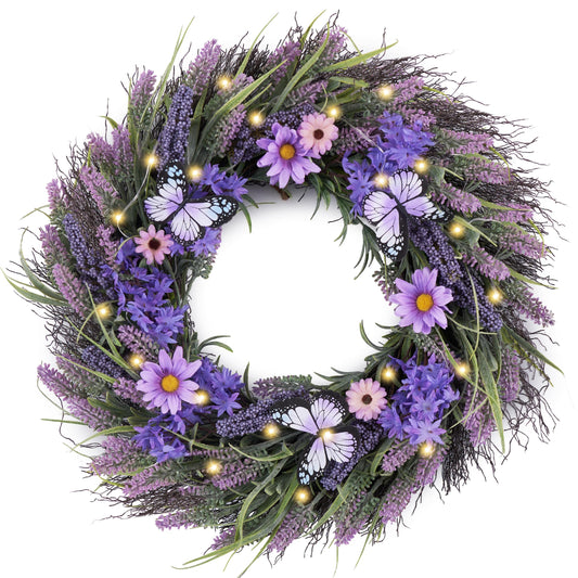 Valery Madelyn Spring Lavender Wreaths for Front Door, Artificial Floral Summer Wreath with Lights Purple Bellflower Berries Butterfly for Home Outside Wedding Porch Window Arch Decor-24''