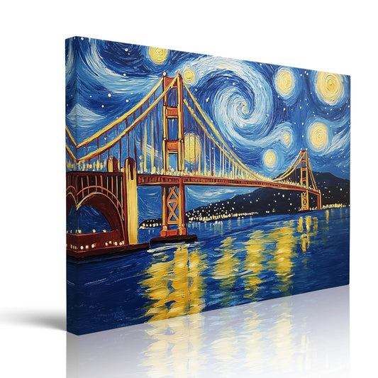 Van Gogh Starry Night Golden Gate Bridge Painting Canvas Wall Art Framed Print Ready to Hang Famous Art San Francisco Cityscape Decor Vibrant Blue Yellow Swirl Sky Artwork for Living Room 12x16 Inches