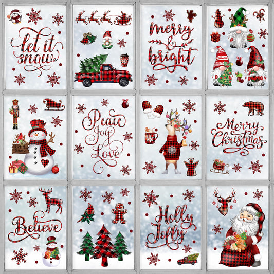 BORAMDO Christmas Window Clings 12 Sheets, Buffalo Plaid Xmas Window Decals Stickers Removable Holiday Decorations for Home & Office, 12 Styles