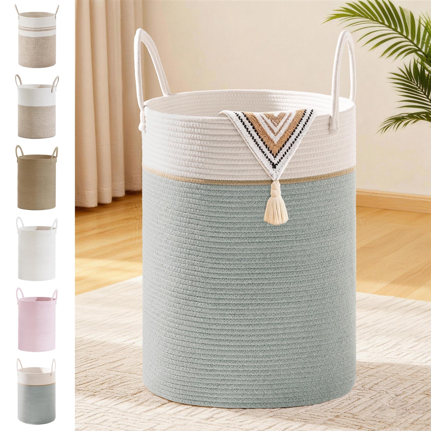 SunNewt Tall Laundry Basket with Handles, 72L Portable Dirty Clothes Hamper, Boho Cotton Rope Storage Bin for Blankets Kids Toys Gifts, Large Organizer for Baby Nursery Bedroom Bathroom, Sage Green