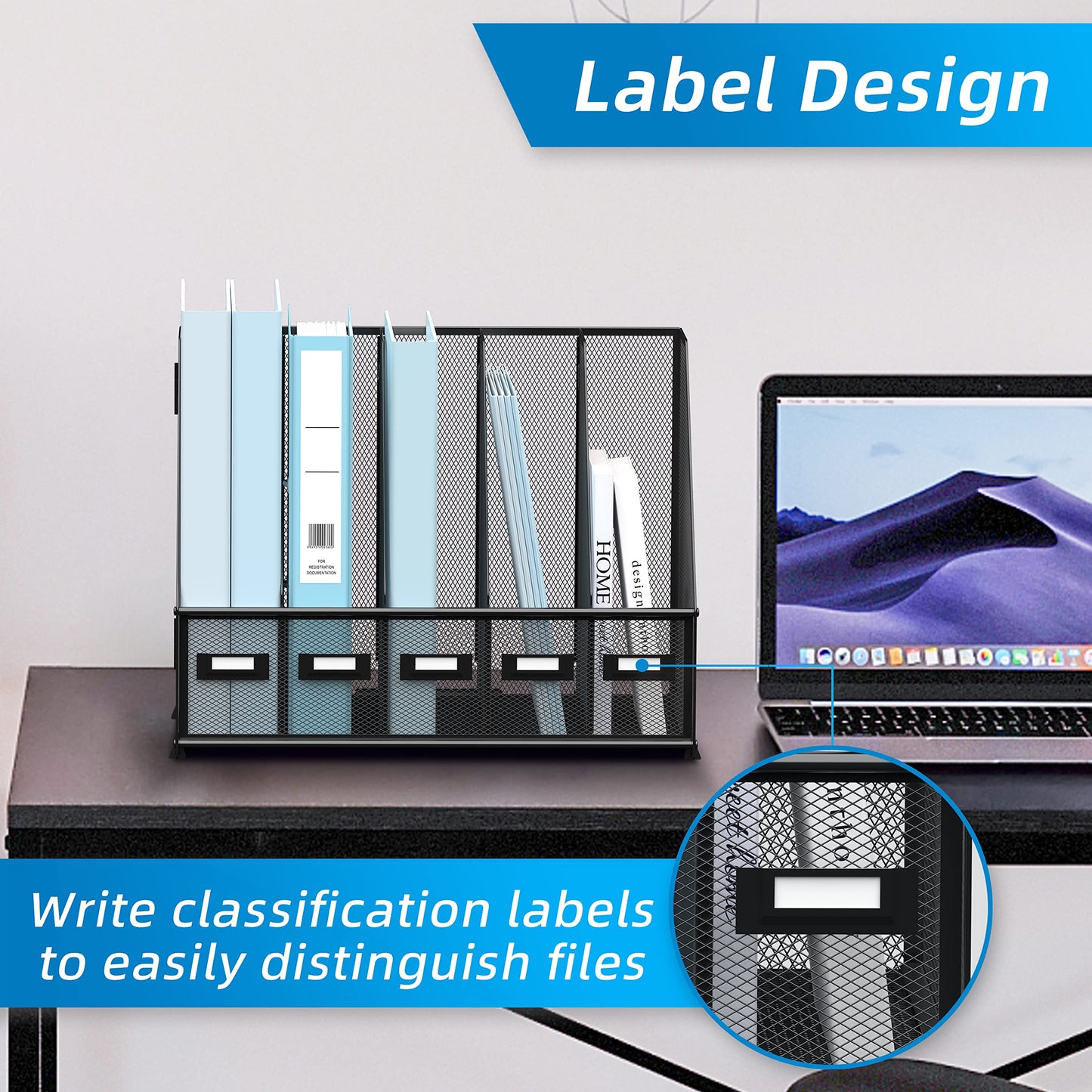 SUPEASY Desk Organizers Metal Desk Magazine File Holder with 5 Vertical Compartments Rack File Organizer for Office Desktop, Classroom, Home Workspace, Black