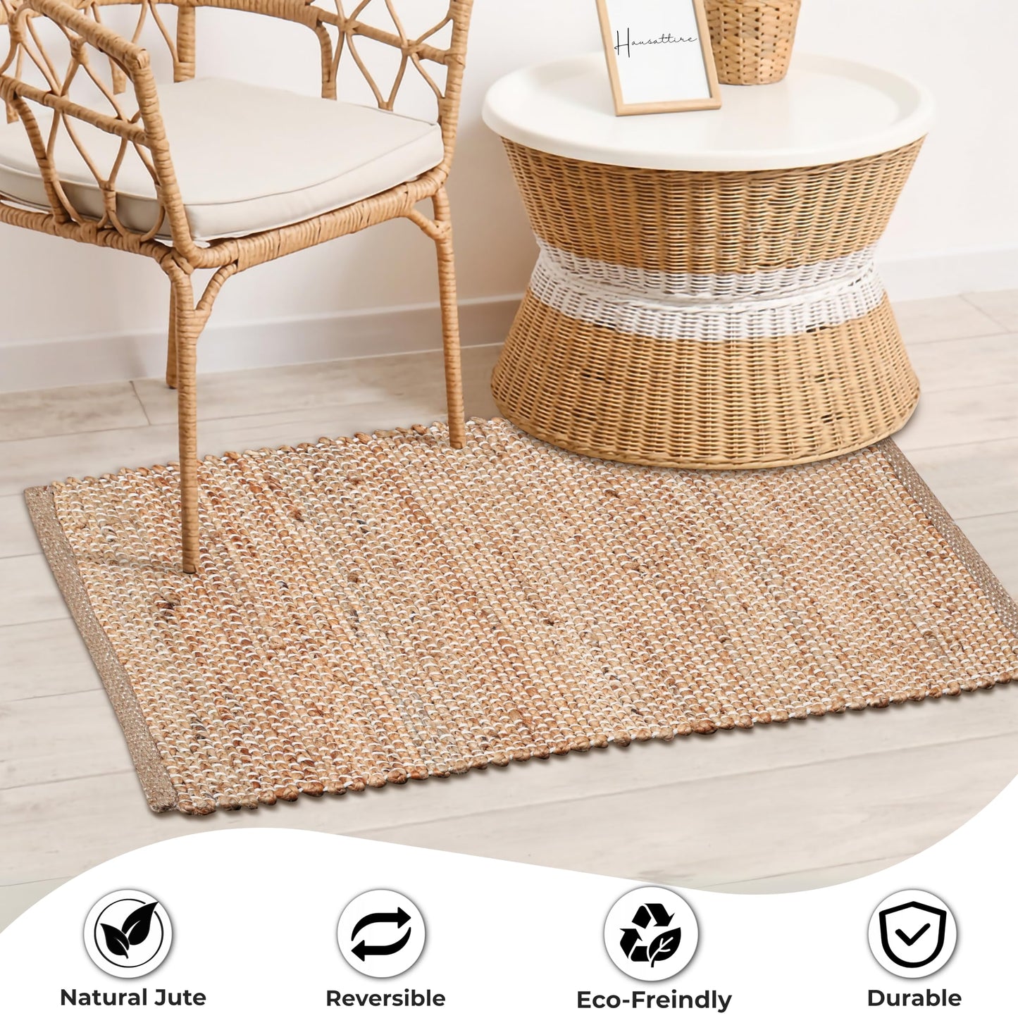 Hausattire Jute Woven Rug 2'x3' - Natural, Hand Braided Boho Entry Area Rugs for Kitchen, Living Room | Small Farmhouse Indoor Outdoor Decorative Mat for Patio, Entryway Front Door Mats - 24x36 Inches