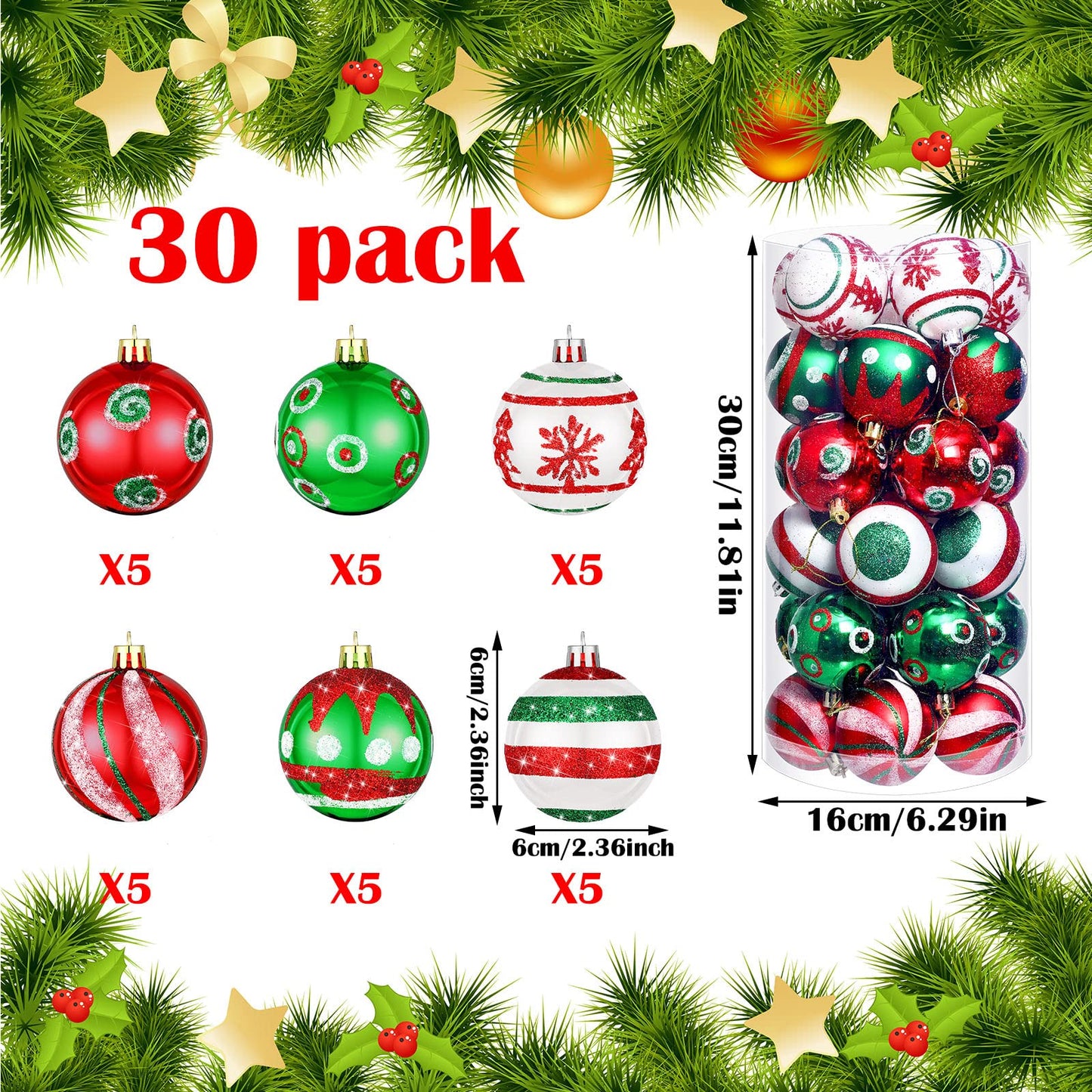 Hungdao 30 Pcs 2.36 Inches Shatterproof Christmas Tree Ball Ornaments Set, Plastic Red Green White Elf Glittering Xmas Hanging Bulbs Pendants for Christmas Tree Decoration Holiday Party Home Decor