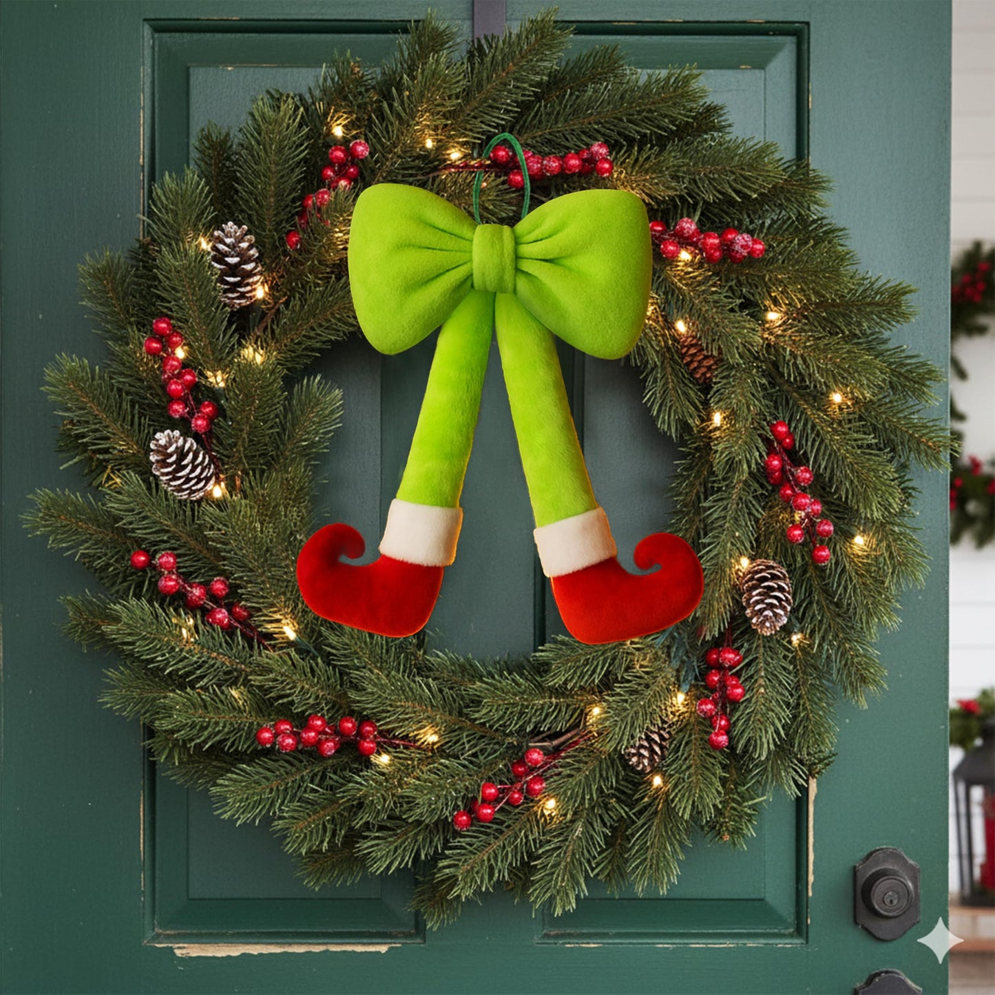 Plush Elf Legs Christmas Wreath Decoration with Large Red Bow - 15.7" Hanging Holiday Decor for Front Door, Wall & Tree (1, Green)
