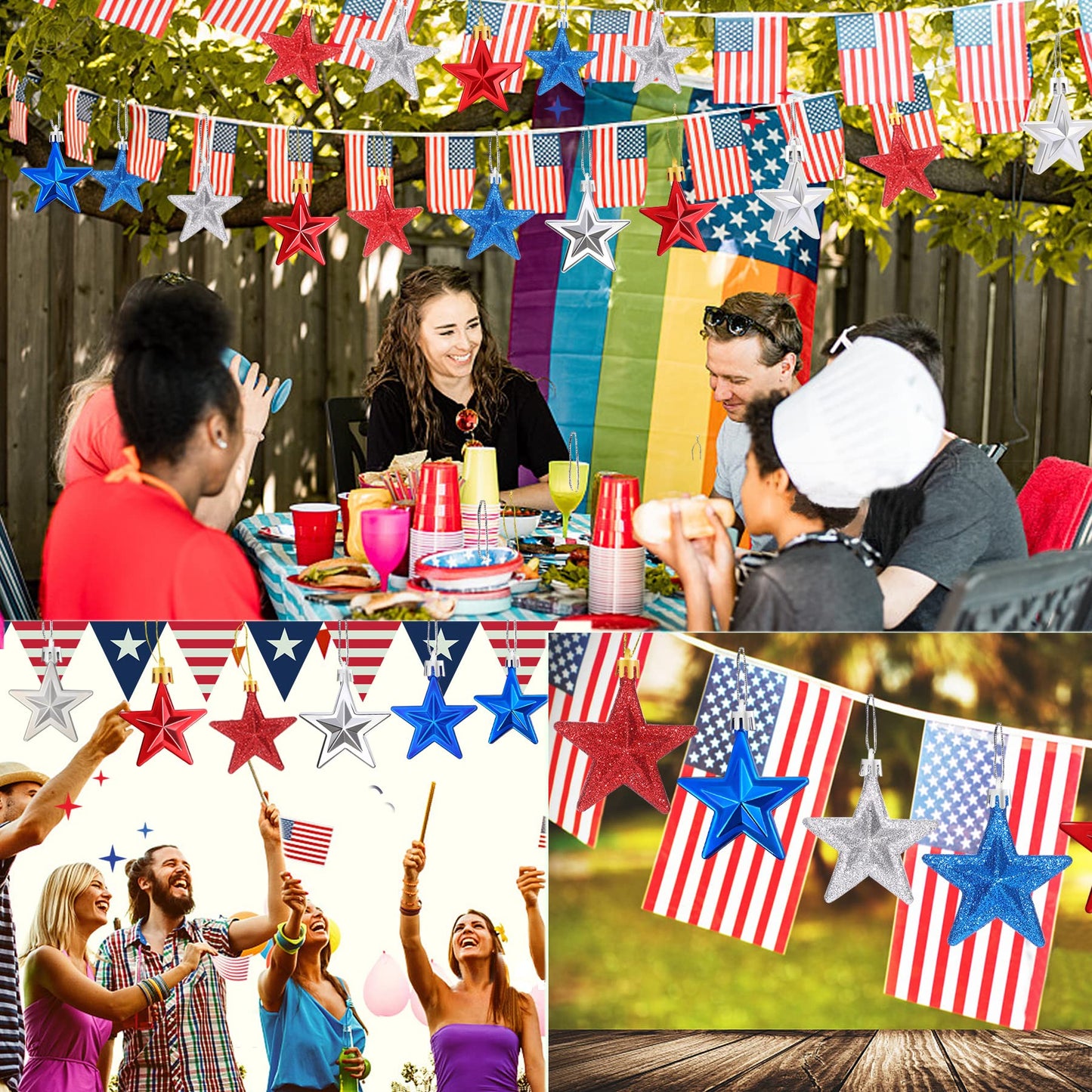 JULMELON 36Pcs Patriotic Star Ornaments Memorial Day Independence Day Labor Day Veterans Day Decorations for Home Party Christmas Tree Decor, Blue Red and Silver