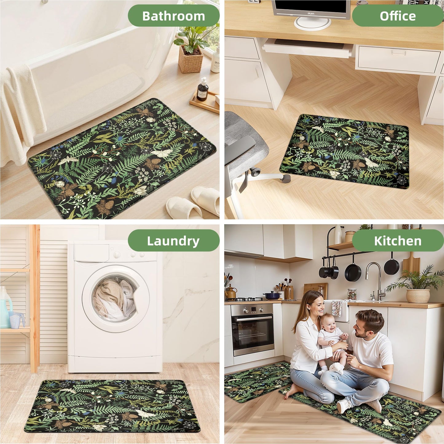Black Green Botanical Kitchen Rugs Set of 2 Plant Leaf Anti-Fatigue Kitchen Mat Natural Comfort Standing Waterproof PVC Mats 2/5" Thick Leather Carpet for Laundry Office Sink(17.3" x28" + 17.3" x 47")