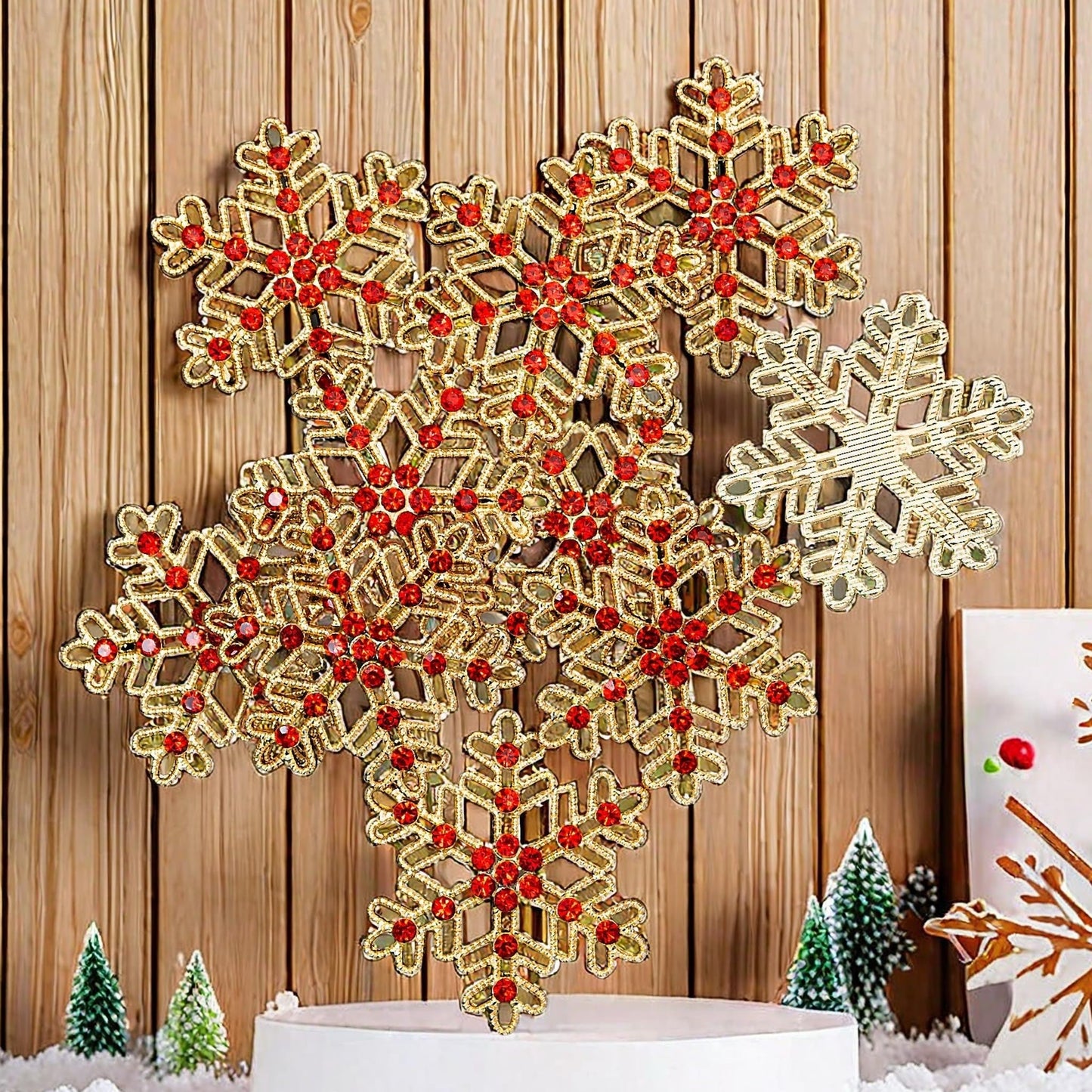 Rodvanvo 10PCS Large Hollow Hexagonal Winter Holidays Embellishment DIY Craft for Party Decorations Gift Box,Dress,Rhinestone Alloy Appliques Christmas Day Home Decor (Gold Bottom Red Rhinestone)
