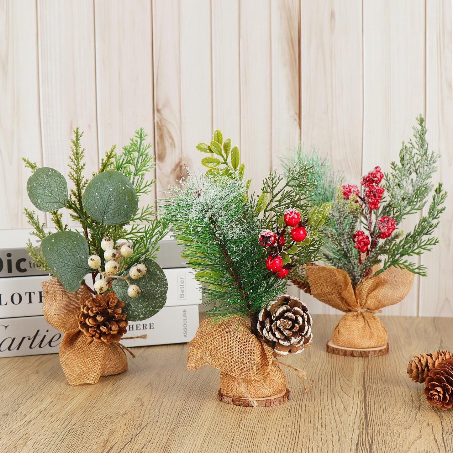MINDELF 6 PCS Rustic Mini Christmas Tree Tabletop Set, Mixed Green Leaves, Red Berries and Pine Cones, 9 inch Artificial Trees with Burlap Bases, Ideal for Holiday Home Office Table Centerpiece