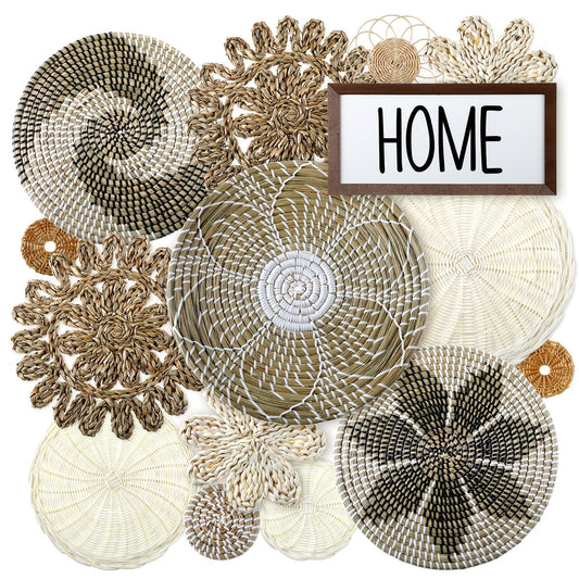 Xuhal 15 Pcs Boho Wall Basket Decor Handcrafted Seagrass Woven Wall Basket Rustic Round Woven Hanging Art for Home Farmhouse Kitchen Table Living Room(Elegant Style)
