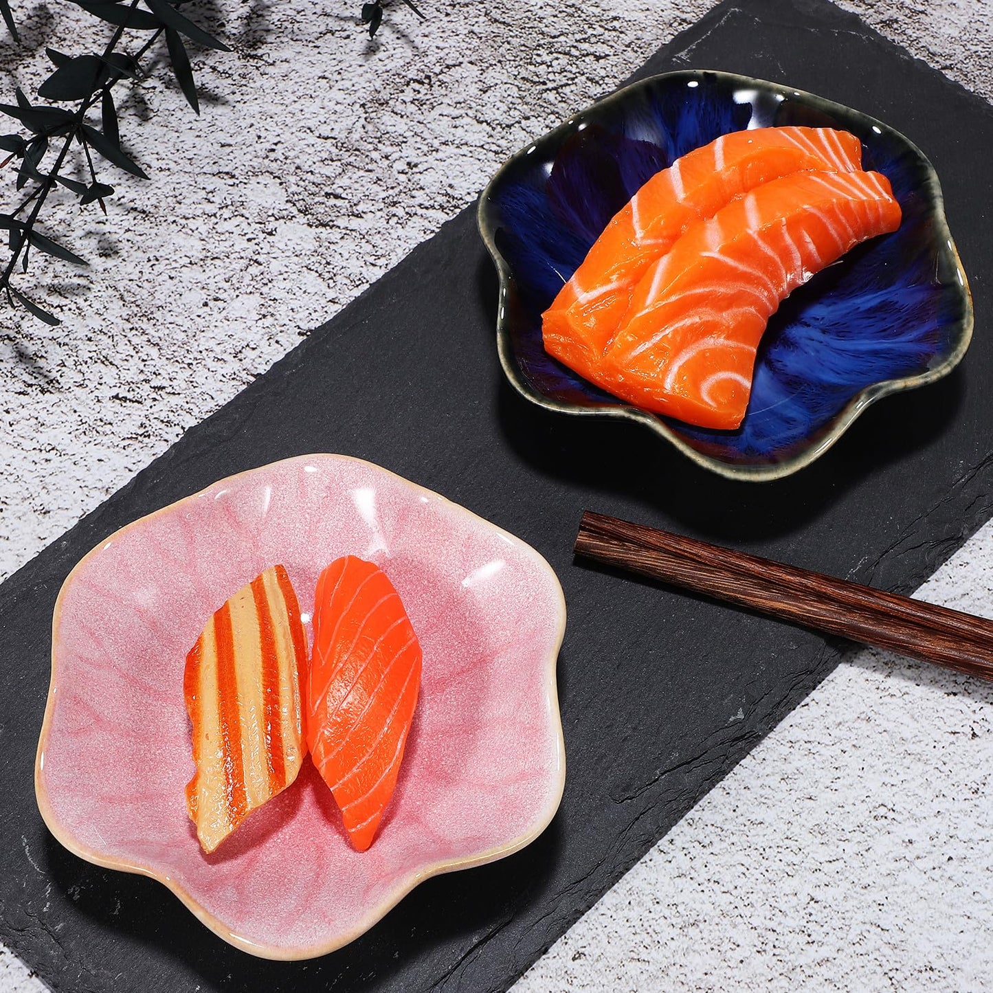 Housoutil Ceramic Ring Holder Dish and Jewelry Storage Tray Set, Small Gradient Blue and Leaf Design, Trinket Display Plates for Rings and Accessories, 2pcs Decorative Organizer for Women