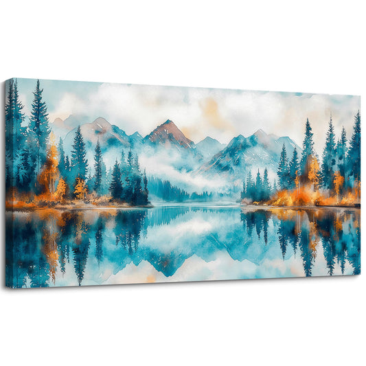 SLYCAY Large Mountain Wall Art Forest Landscape Prints, Blue Nature Scenery Lake Pictures Wall Decor Misty Forest Golden Painting Modern Artwork Living Room Bedroom Office 20"X40"