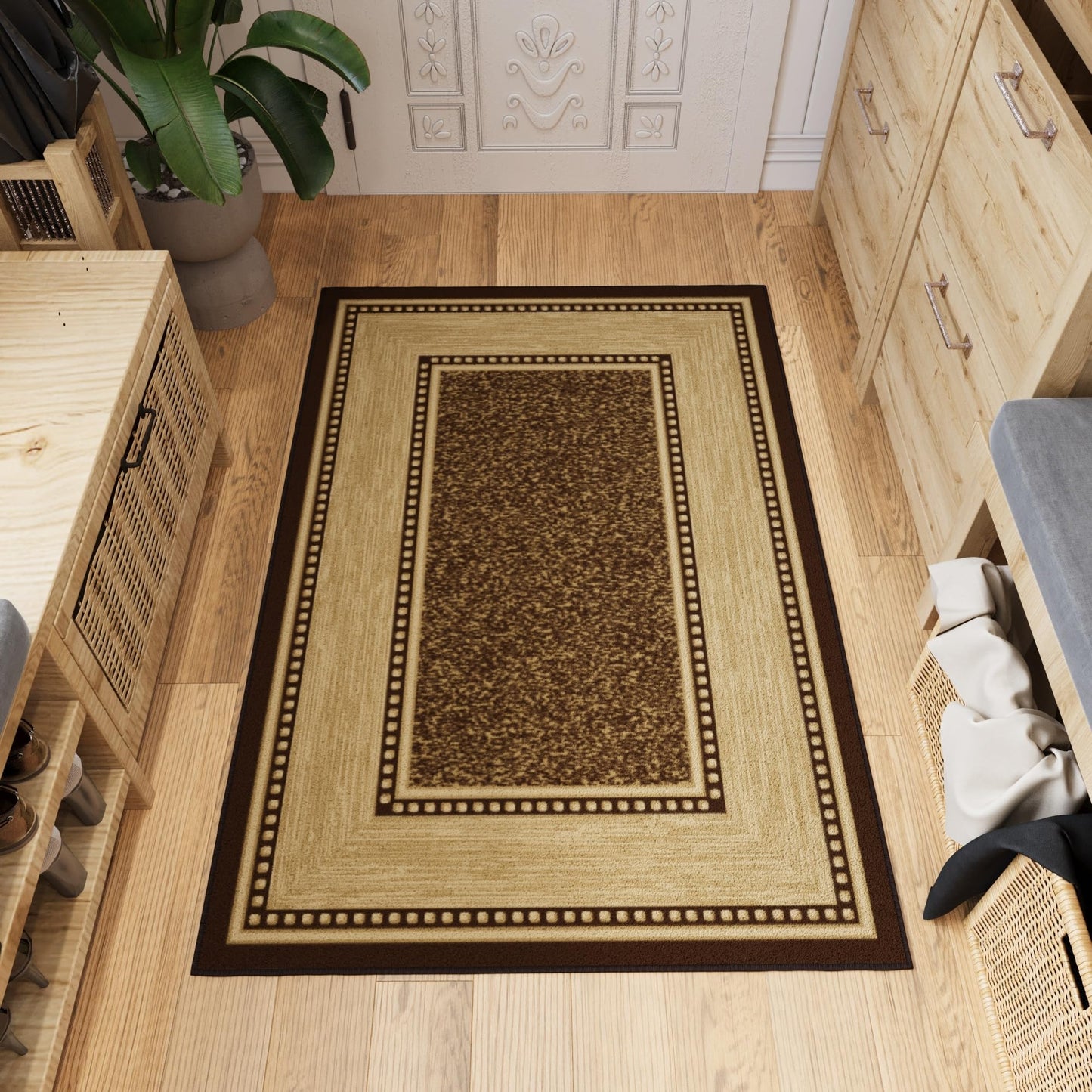 Ottomanson Area Rug 3'3" x 5' – Non Slip Rubber Backed Indoor Rug, Low Pile Accent Rug for Living Room, Bedroom, Entryway, Kitchen, Durable Floor Carpet, Border Brown