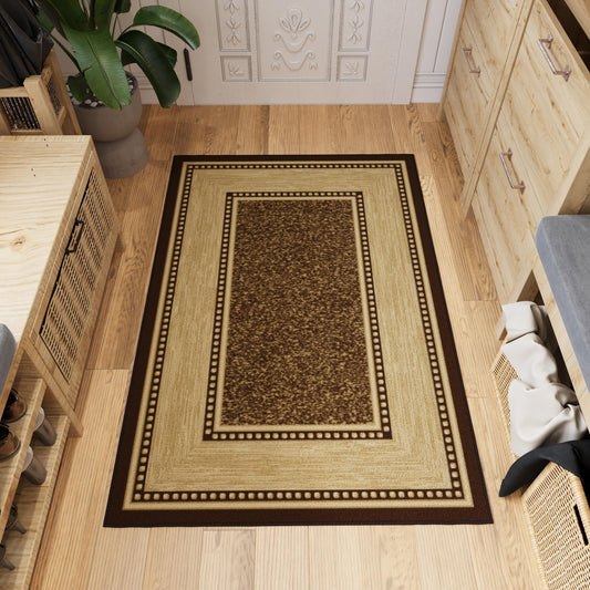 Ottomanson Area Rug 3'3" x 5' – Non Slip Rubber Backed Indoor Rug, Low Pile Accent Rug for Living Room, Bedroom, Entryway, Kitchen, Durable Floor Carpet, Border Brown