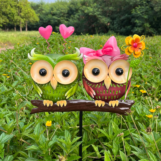 Metal Owl Couple Garden Stakes, Hand Painted 3D Yard Art, Colorful Outdoor Lawn Ornaments Sculpture Decor, Gift for Family and Couple (Small)