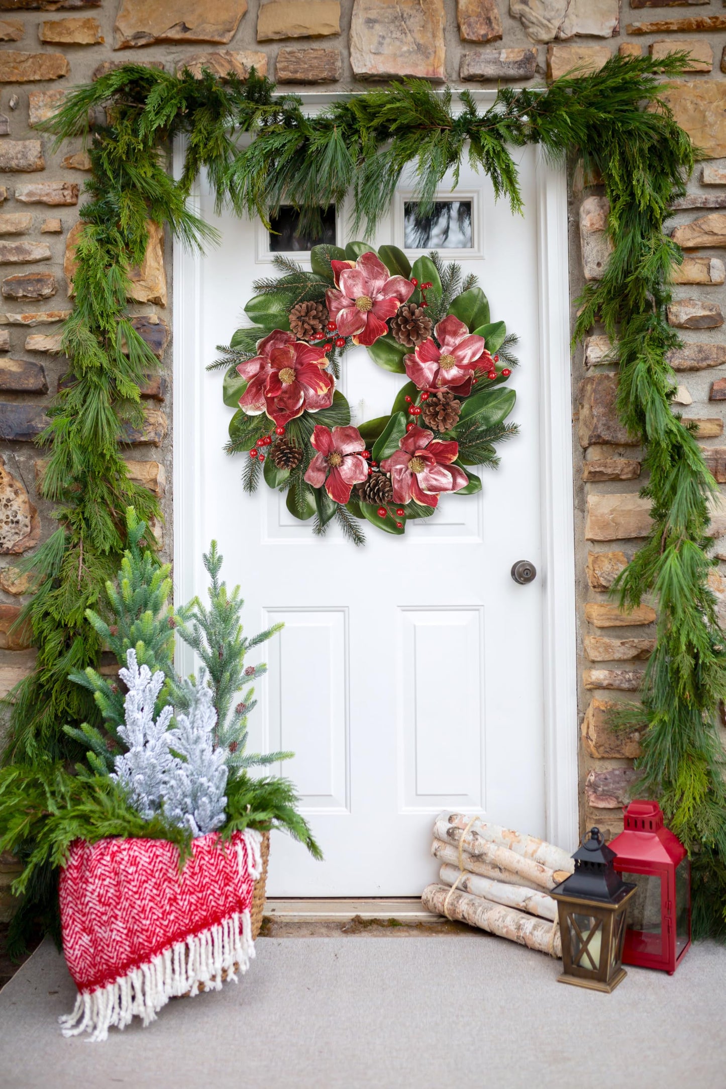 Briful 24in Christmas Magnolia Flower Wreath for Front Door Artificial Red Magnolia Floral Wreath with Pine Cones Berries Outdoor Christmas Wreath for Xmas Home Room Wall Window Mantle Decor