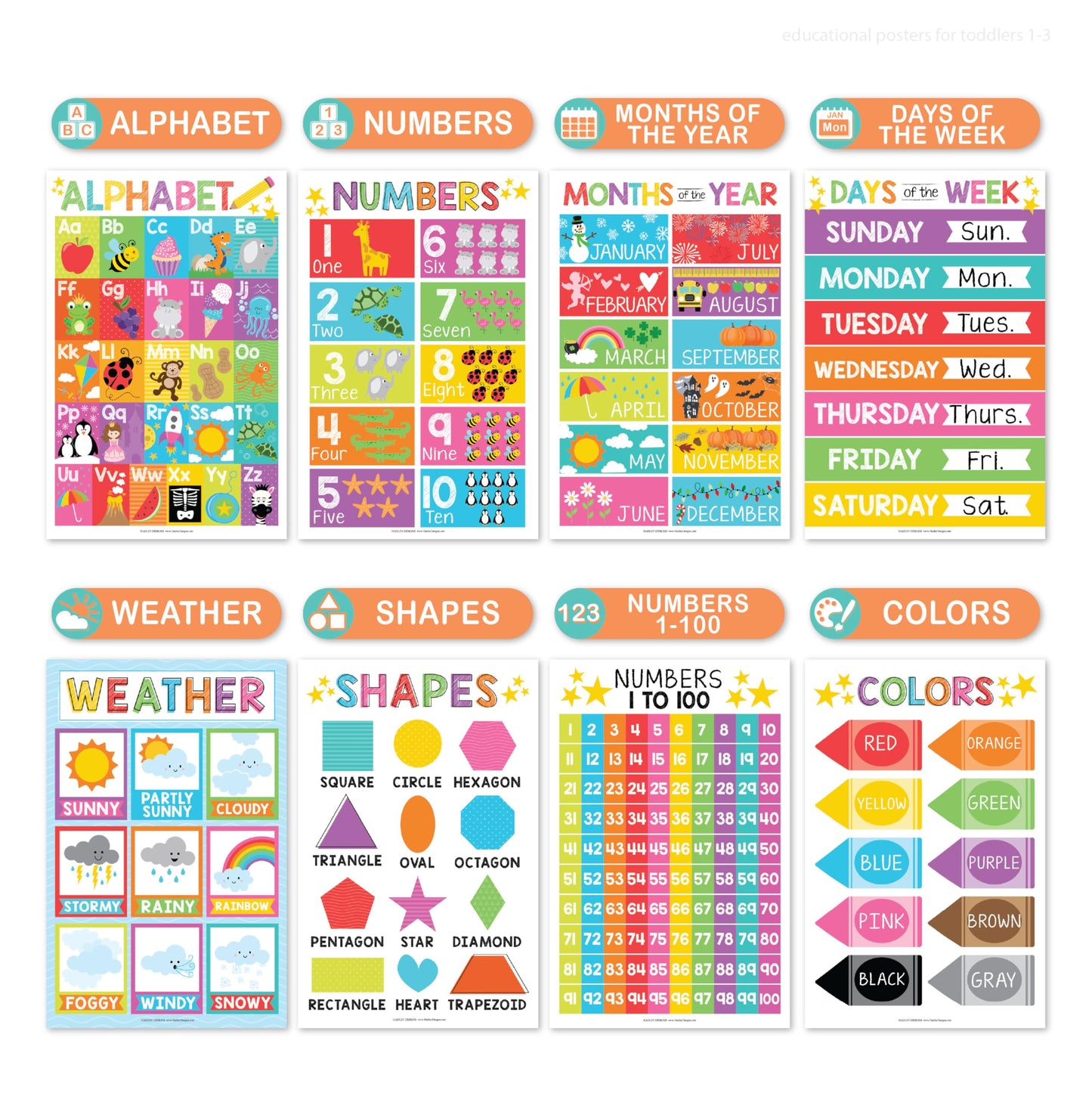 Hadley Designs 16 Educational Posters for Toddler Learning Activities - Alphabet Daycare Essentials, Laminated Pre-K Posters for Toddlers 1-3, Preschool Learning Activities, Rainbow Classroom Decor