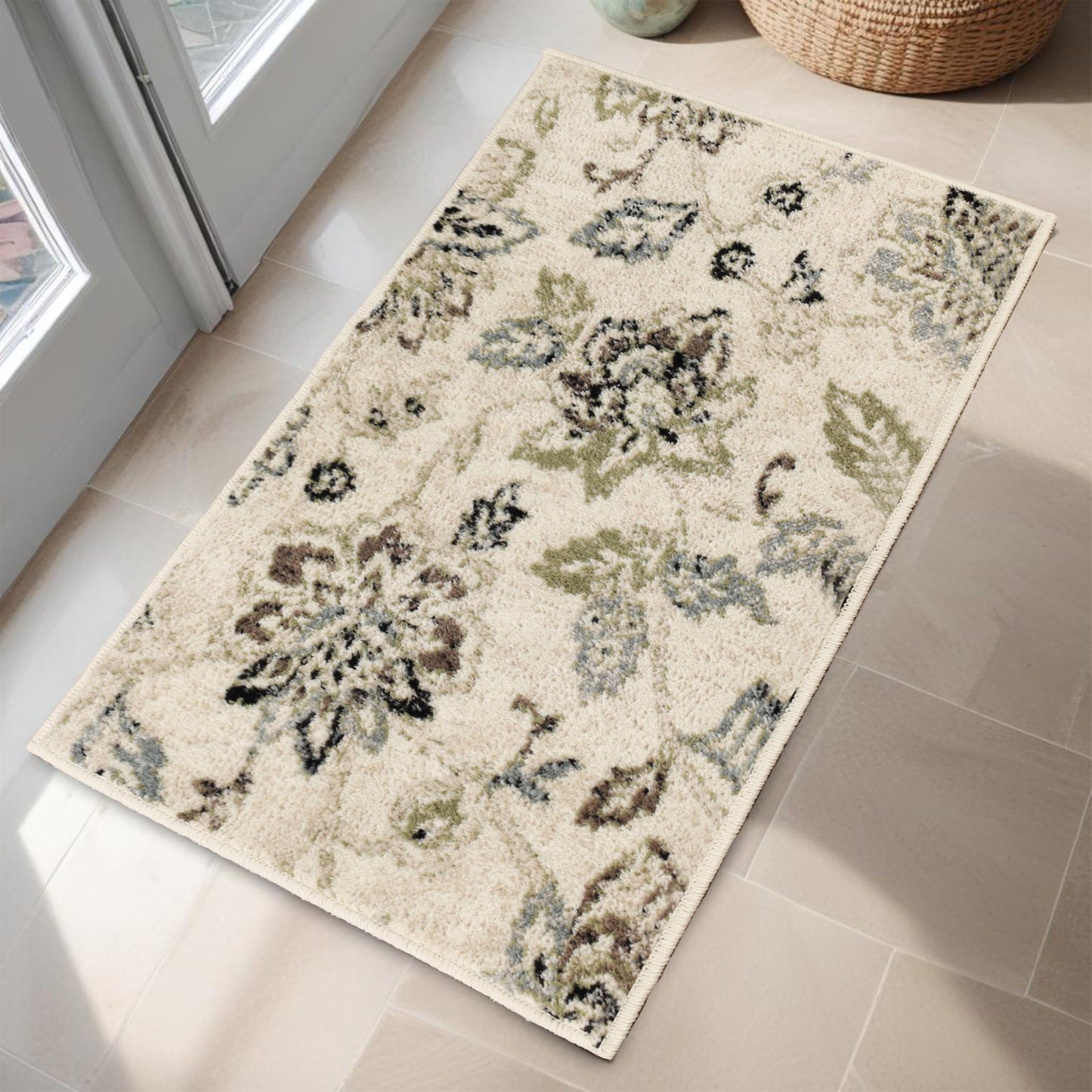 Superior Indoor Large Area Rug for Hallways, Entry, Office, Living/Bedroom, Hardwood, Tile, Floor Cover, Plush Carpet Cover, Modern Farmhouse Floral Decor, Jacobean Collection, 2' x 3', Beige Brown