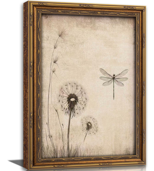 Vintage Gold Framed Canvas Wall Art Beige Dandelion Dragonfly Painting Picture Wall Decor Country Botanical Insect Poster Print Artwork for Living Room Bedroom Home Decoration