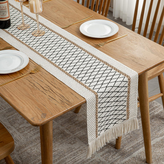Mayler Yee Table Runner Linear End, Boho Style with Tassels, Cotton & Linen, Farmhouse Home Decor for Living Room Dresser Scarfs (12x72Inch, Black & Beige)